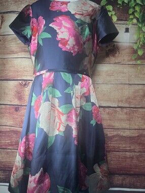 Eliza J Navy Floral Fit-and-Flare Dress with Pink & Green Blooms